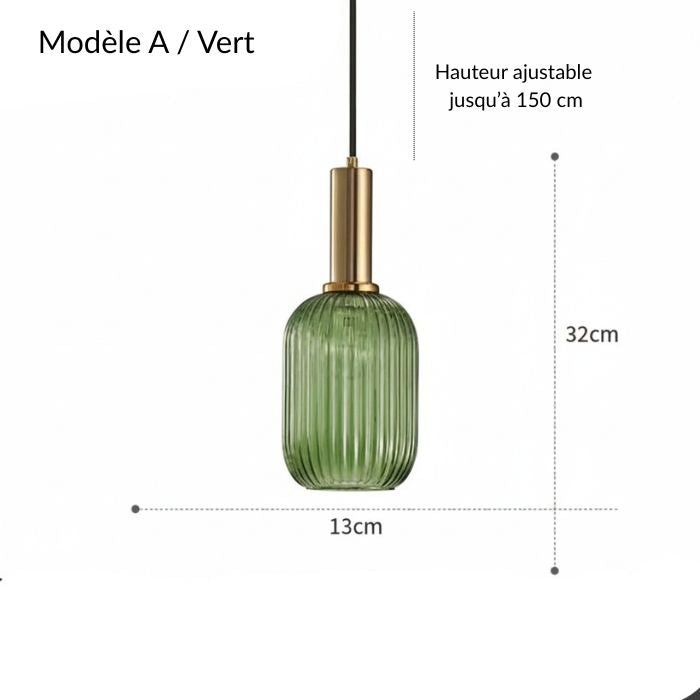 Suspension cylindrique en verre vert nervuré et métal doré inspirée du design italien des années 70