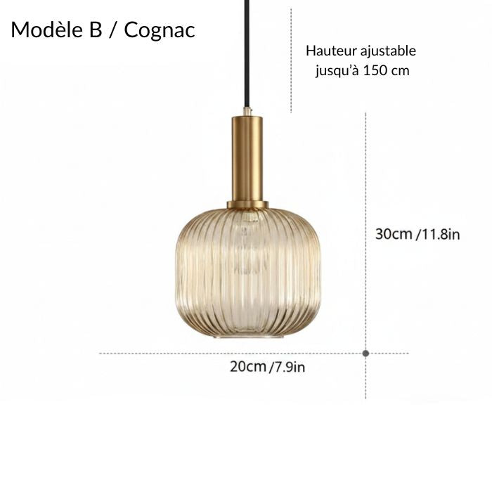 Suspension ronde en verre nervuré cognac et métal doré pour salle à manger ou îlot de cuisine