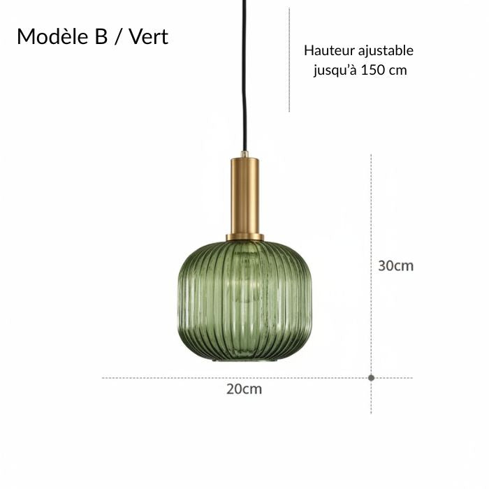 Suspension ronde en verre vert nervuré et métal doré pour salle à manger ou îlot de cuisine
