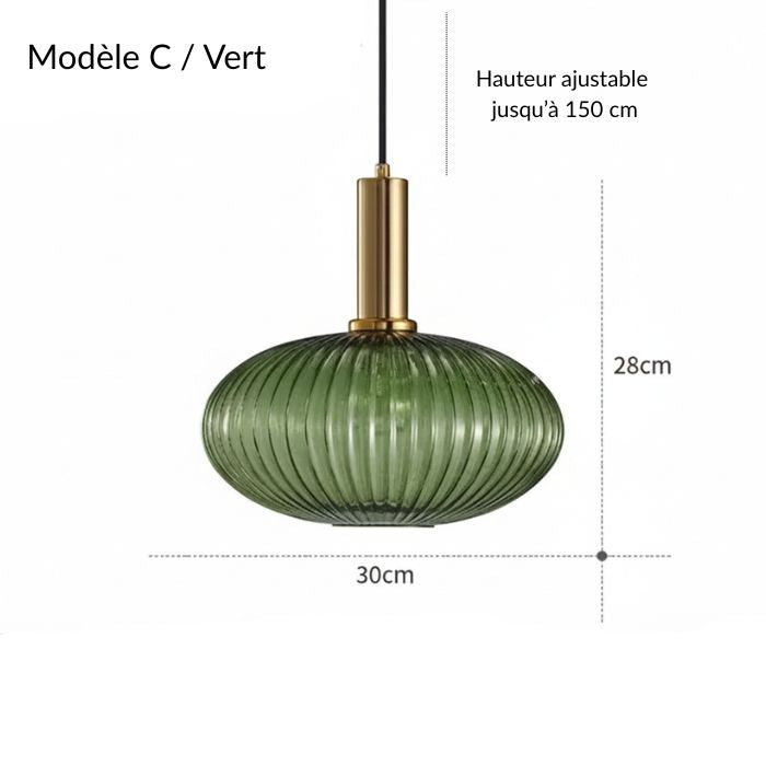 Suspension galet en verre cannelé vert avec finition dorée et hauteur réglable jusqu'à 150 cm