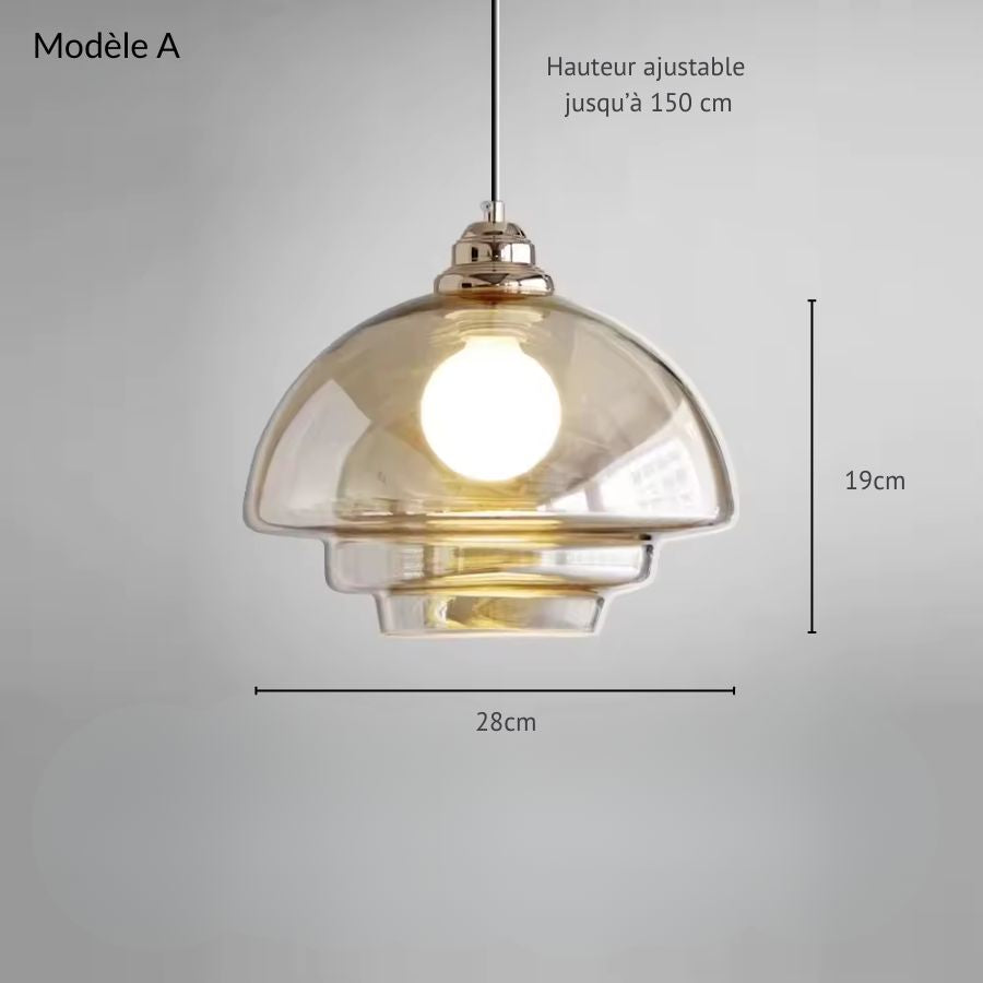 Luminaire en verre champagne à dôme arrondi et base étagée, modèle A de 28 cm au charme rétro raffiné