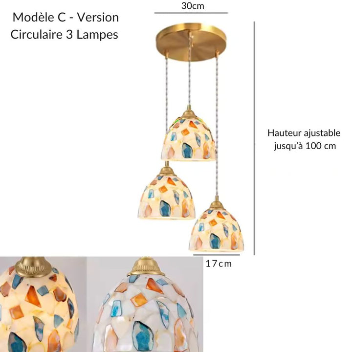 Suspension circulaire 3 lampes modèle C en verre coloré façonné, au style mosaïque artisanal et lumineux