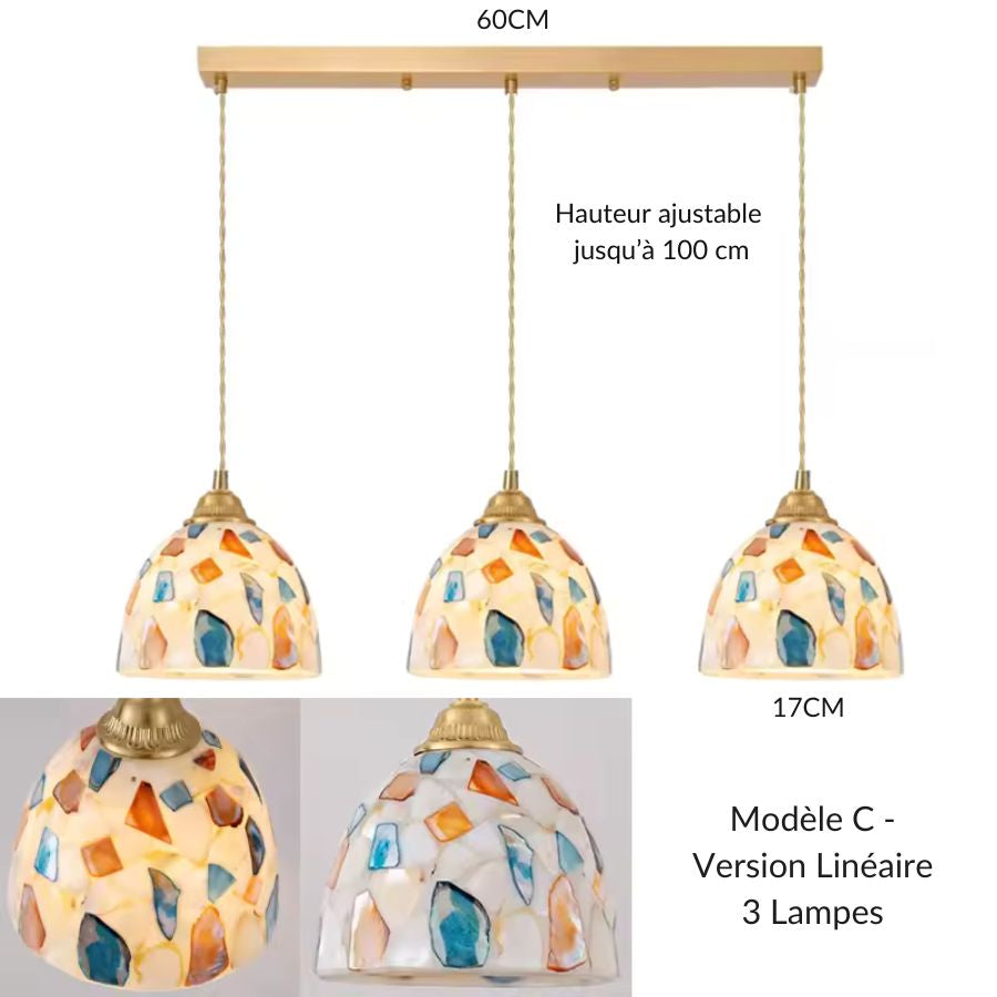 Suspension linéaire 3 lampes modèle C en verre coloré, au design mosaïque original avec montures dorées