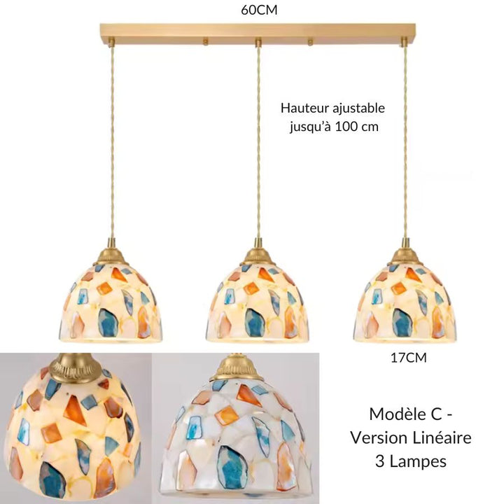 Suspension linéaire 3 lampes modèle C en verre coloré, au design mosaïque original avec montures dorées