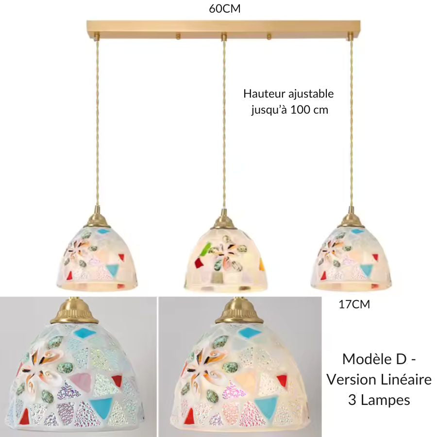 Suspension 3 lampes linéaire modèle D en verre façonné façon mosaïque, aux détails colorés et marins