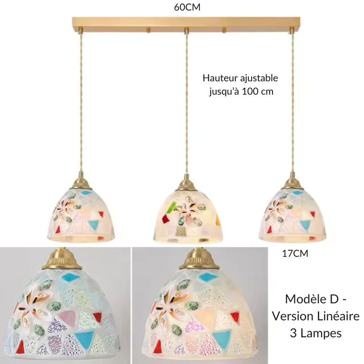 Suspension 3 lampes linéaire modèle D en verre façonné façon mosaïque, aux détails colorés et marins