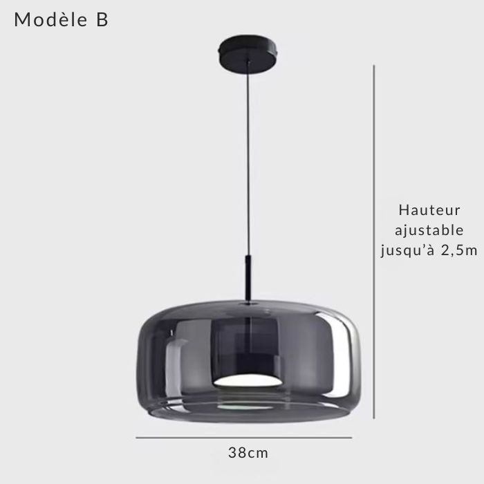 Suspension verre fumé gris modèle B, diamètre 38 cm, parfaite en pièce unique pour une déco minimaliste moderne.