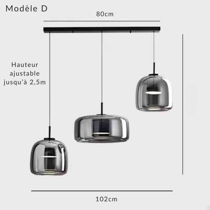 Suspension verre fumé gris modèle D en triple alignement sur barre, parfaite pour îlot de cuisine ou salle à manger moderne.