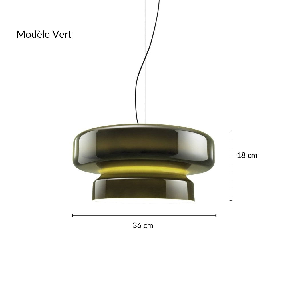 Visuel technique avec dimensions de la suspension en verre fumé vert de 36 cm de large.