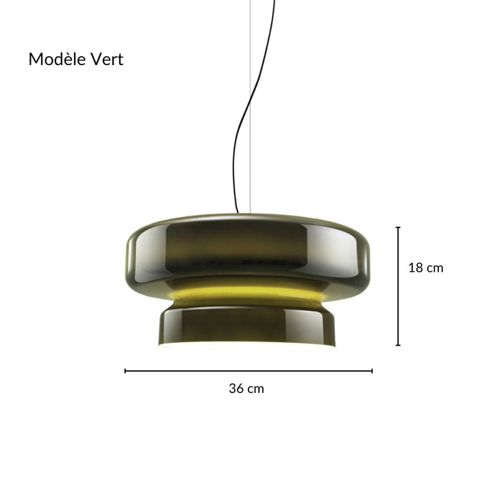 Visuel technique avec dimensions de la suspension en verre fumé vert de 36 cm de large.