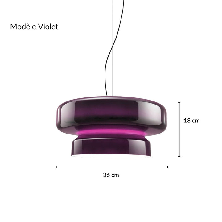 Fiche descriptive cotée de la suspension en verre fumé violet d'un diamètre de 36 centimètres.