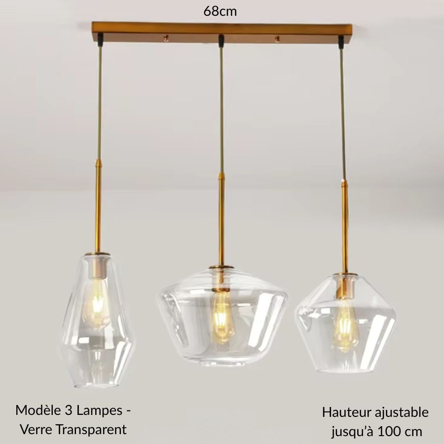 Suspension 3 lampes en verre transparent et laiton, aux abat-jour géométriques de style contemporain