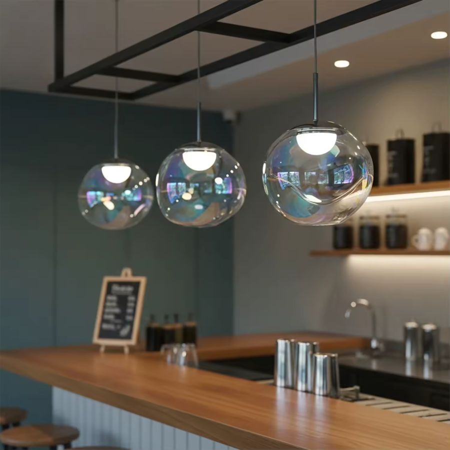 Suspension en verre irisé alignée au-dessus d’un bar, globes lumineux au style moderne et raffiné