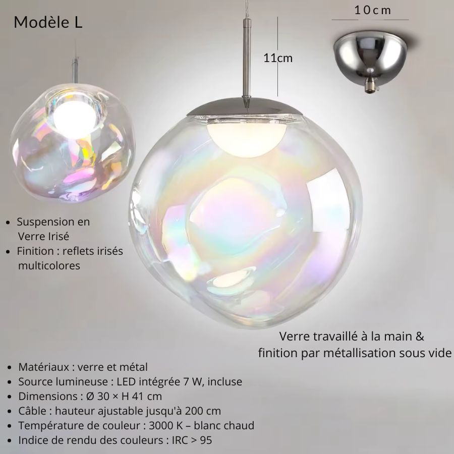 Grande suspension en verre irisé aux reflets multicolores, design sculptural et contemporain avec LED intégrée