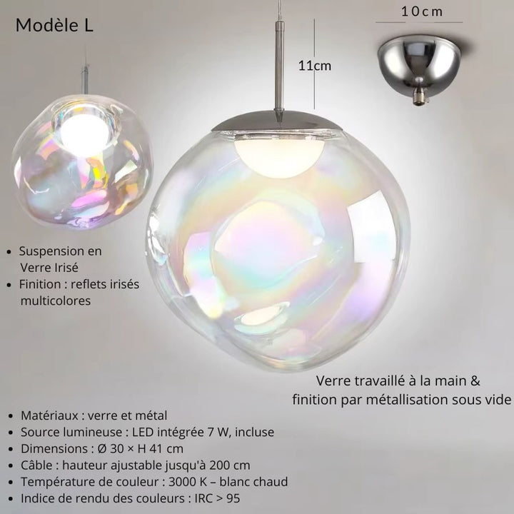 Grande suspension en verre irisé aux reflets multicolores, design sculptural et contemporain avec LED intégrée