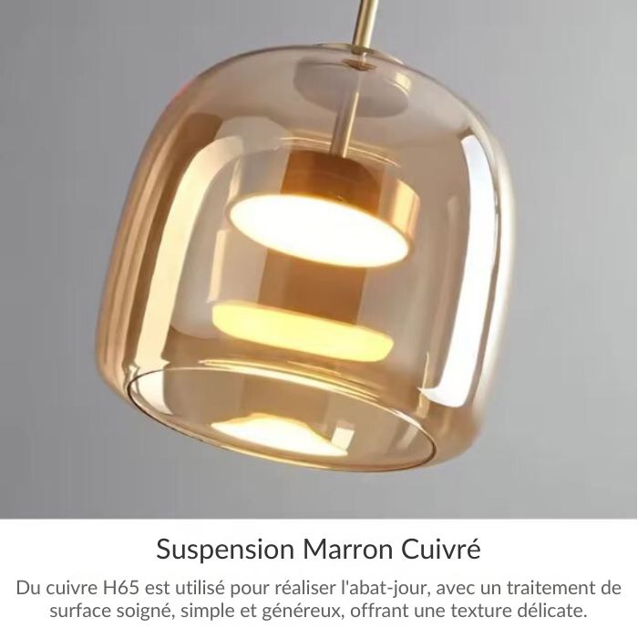 Suspension en verre marron cuivré aux finitions soignées, idéale pour un éclairage élégant et moderne dans votre intérieur.