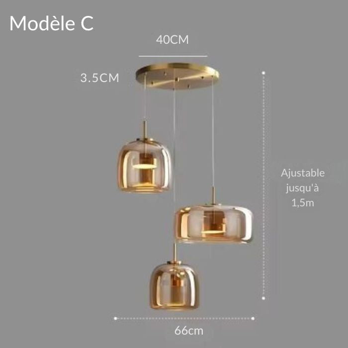 Suspension trio en verre ambré, modèle C, design moderne avec hauteur ajustable, parfaite pour espaces élégants.