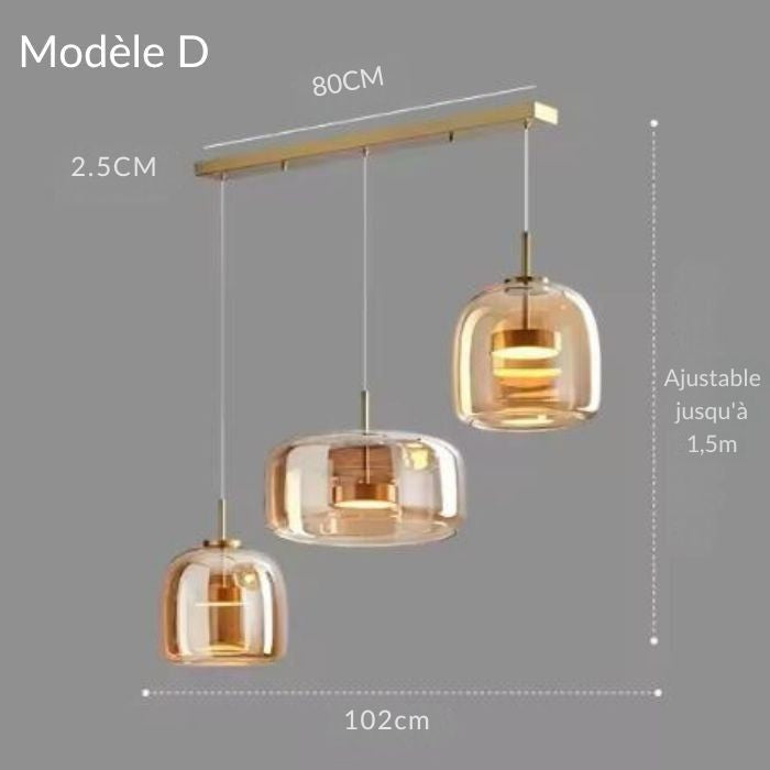Suspension triple en verre ambré, modèle D, avec barre de fixation moderne et câbles ajustables jusqu’à 1,5m.