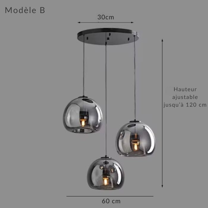Suspension verre noir modèle B avec trois boules en verre fumé, hauteur ajustable pour un style contemporain.