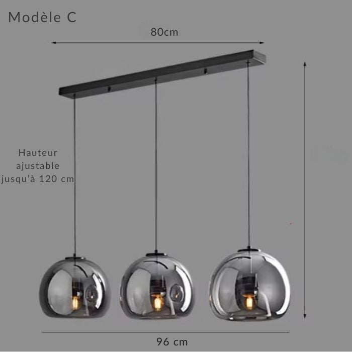 Suspension verre noir modèle C à trois abat-jours alignés, idéale pour bar ou îlot de cuisine moderne.