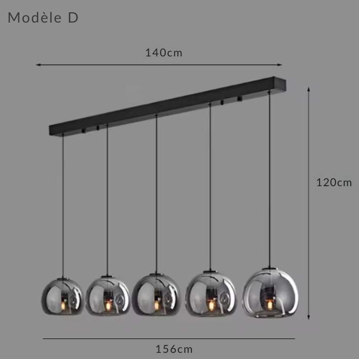 Suspension verre noir modèle D à cinq lampes, structure rectangulaire longue parfaite pour grande table ou salle à manger.