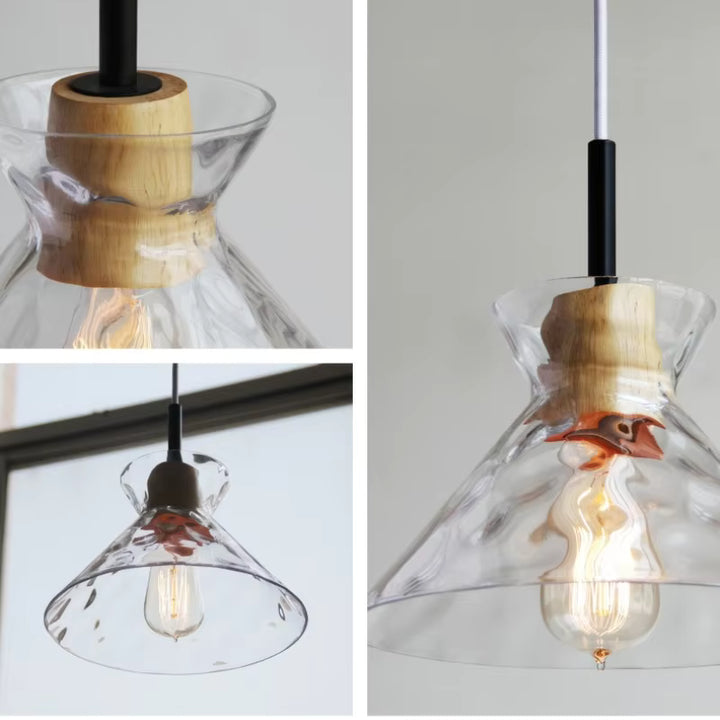 Détails d’une suspension en verre ondulé et bois, avec abat-jour sculpté au charme artisanal et naturel