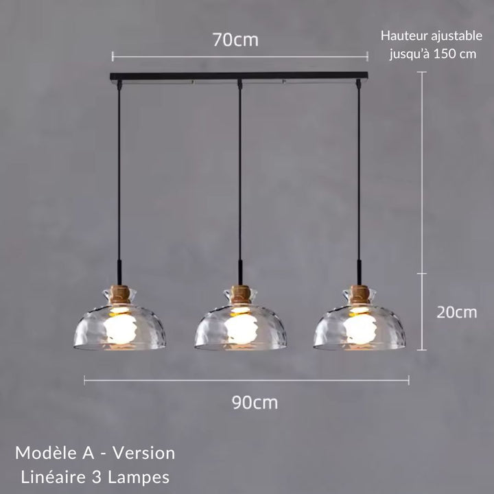 Luminaire suspendu linéaire à trois abat-jour en verre ondulé et bois, style moderne épuré