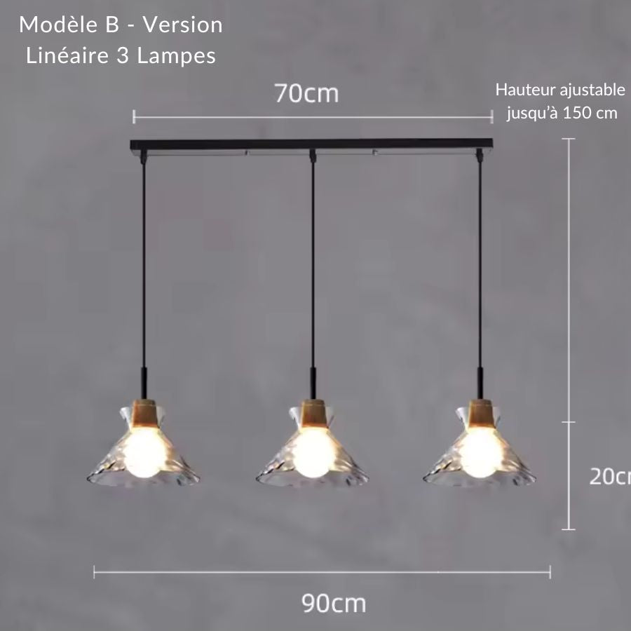 Suspension linéaire en verre ondulé et bois à trois lumières évasées, style scandinave moderne