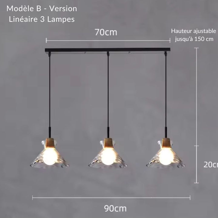 Suspension linéaire en verre ondulé et bois à trois lumières évasées, style scandinave moderne