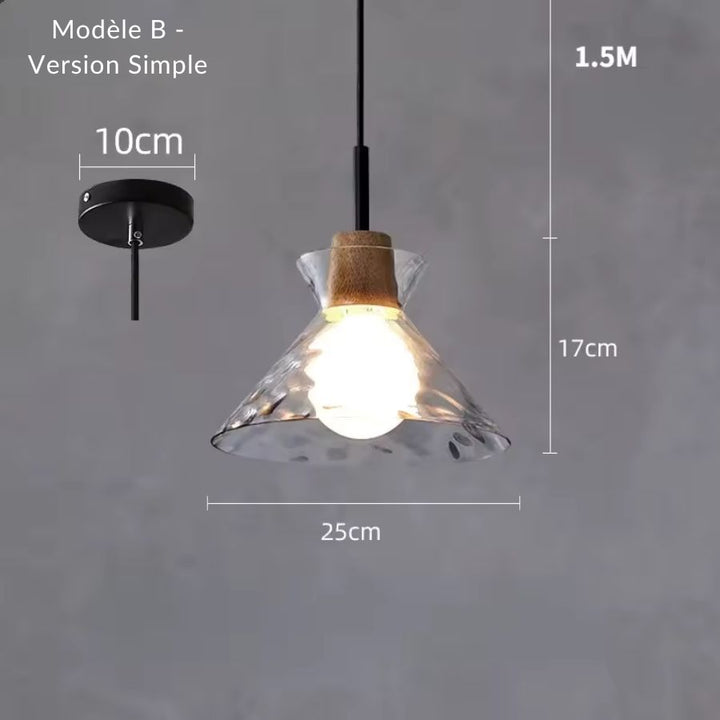 Suspension en verre transparent ondulé et bois à silhouette évasée, esprit design organique