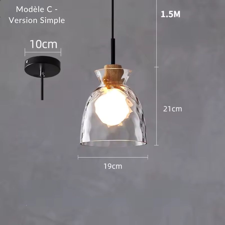 Suspension individuelle en verre sculpté et bois avec abat-jour cloche au style scandinave