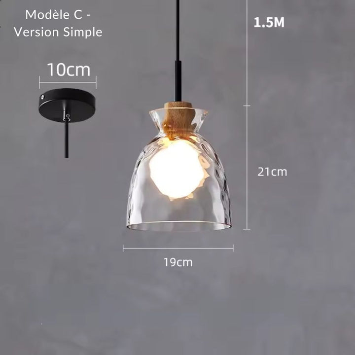 Suspension individuelle en verre sculpté et bois avec abat-jour cloche au style scandinave
