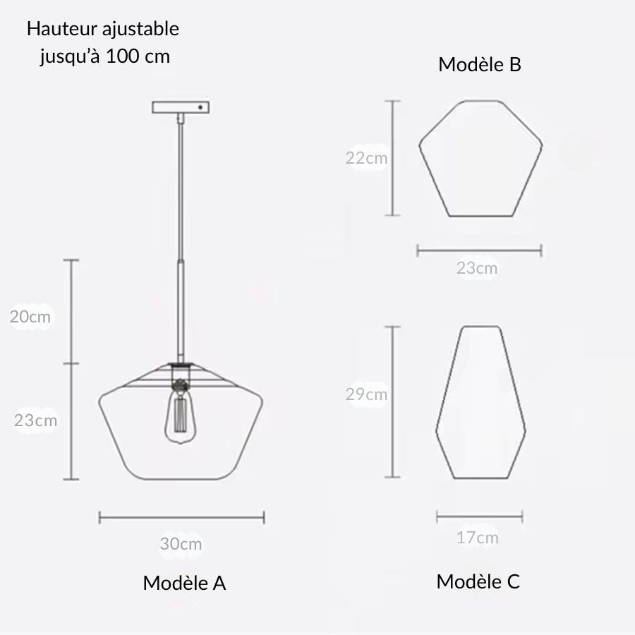 Dimensions des modèles de suspension en verre sculptural et laiton aux formes géométriques variées
