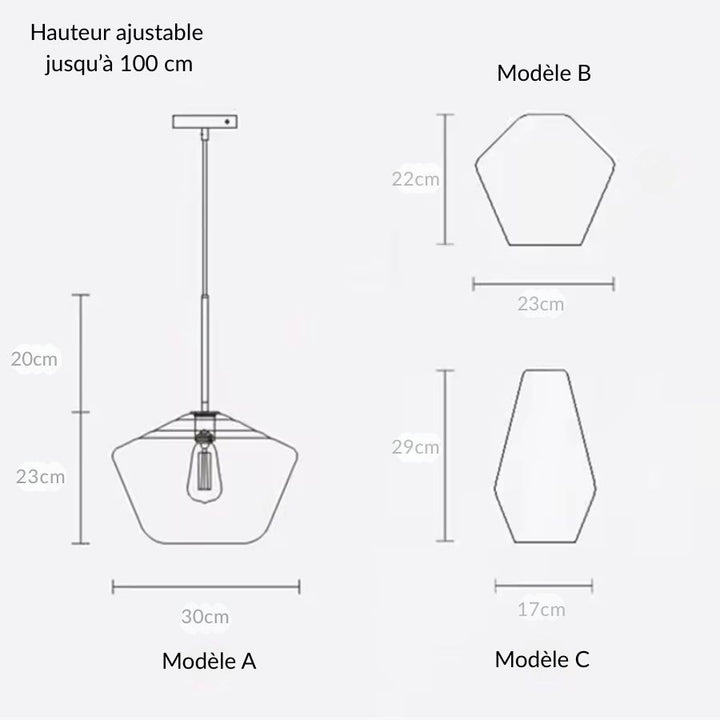 Dimensions des modèles de suspension en verre sculptural et laiton aux formes géométriques variées