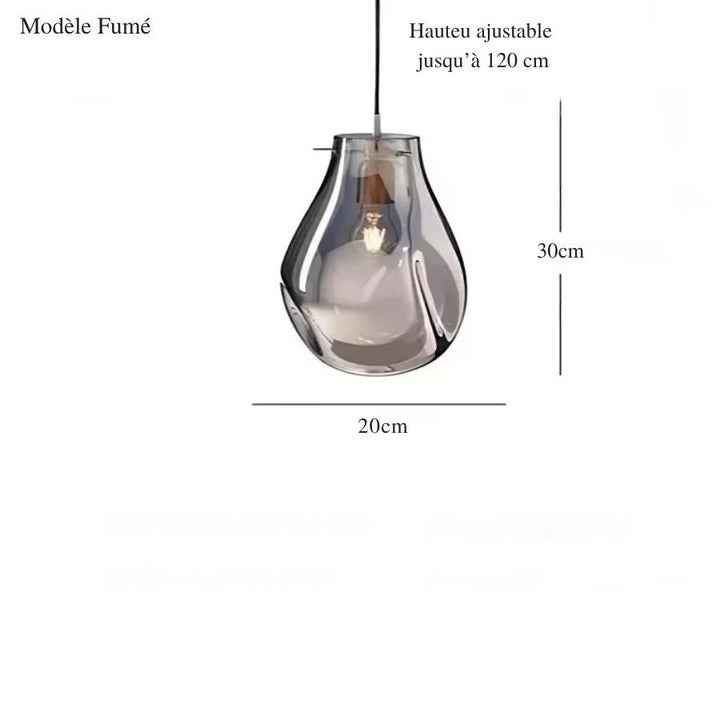 Suspension sculpturale en verre fumé gris aux courbes organiques, de 30 cm de haut et 20 cm de large, au design contemporain.