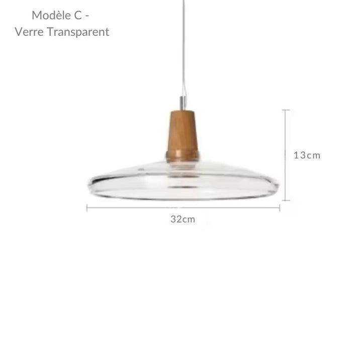 Forme large et aérienne en verre transparent et bois, avec silhouette plate de 32 cm au style épuré