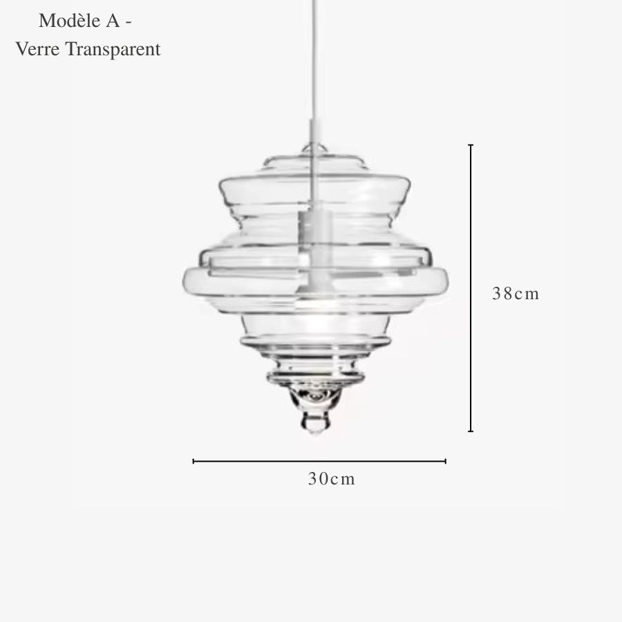 Dessin technique d'une suspension en verre clair en forme de toupie sculpturale, mesurant 30 cm de large et 38 cm de haut.
