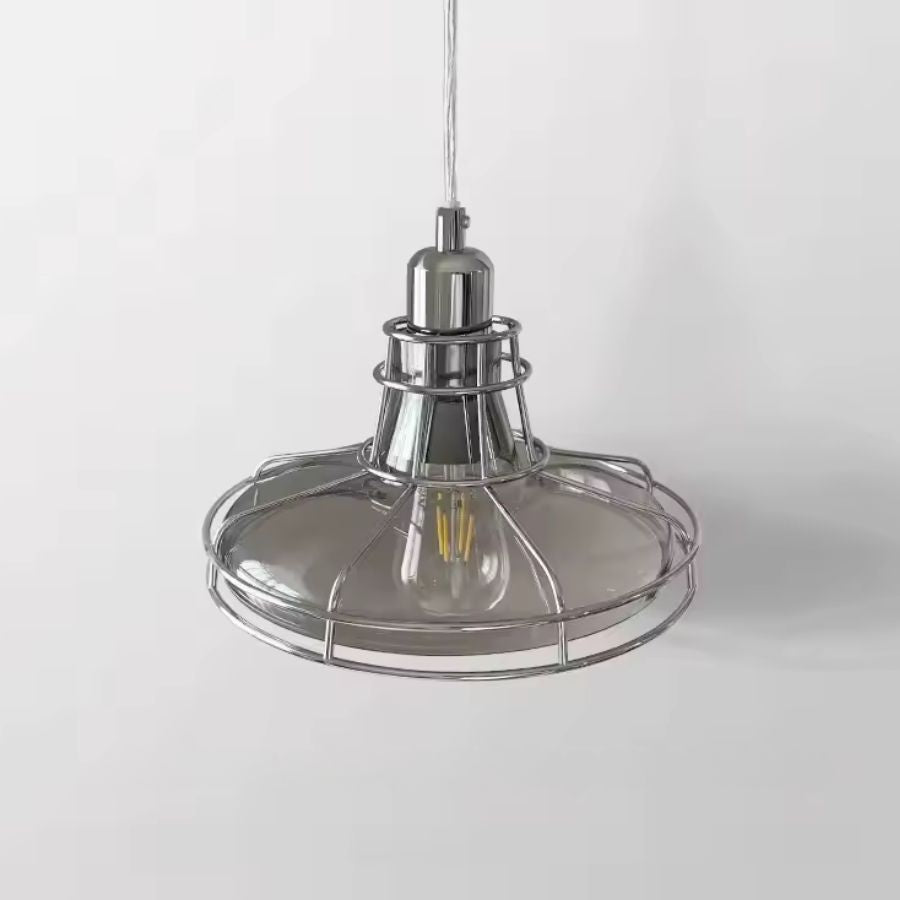 Luminaire suspendu en verre transparent et métal chromé au design industriel rétro inspiré du style Bauhaus