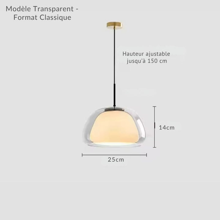 Modèle compact en verre transparent et cœur opalin, format 25 cm avec hauteur de suspension ajustable
