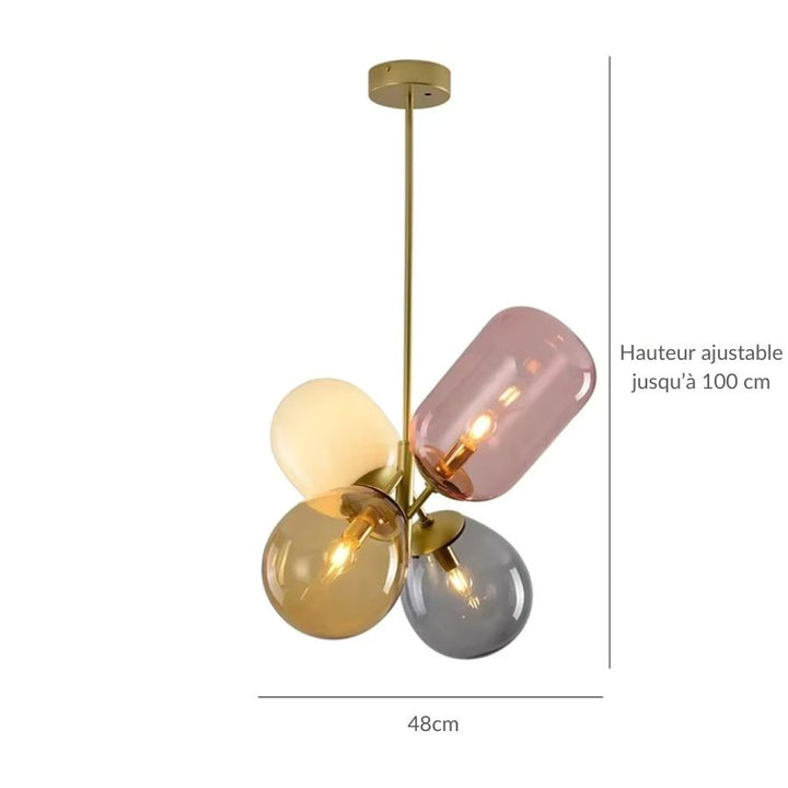 Suspension rétro en verres colorés de 48 cm avec grappe de globes et hauteur ajustable jusqu’à 100 cm