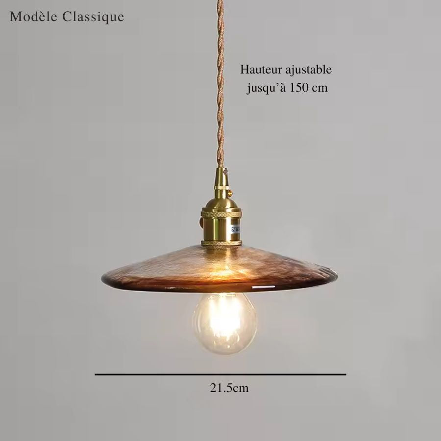 Modèle classique de suspension vintage en verre ambré texturé avec finition laiton et câble torsadé
