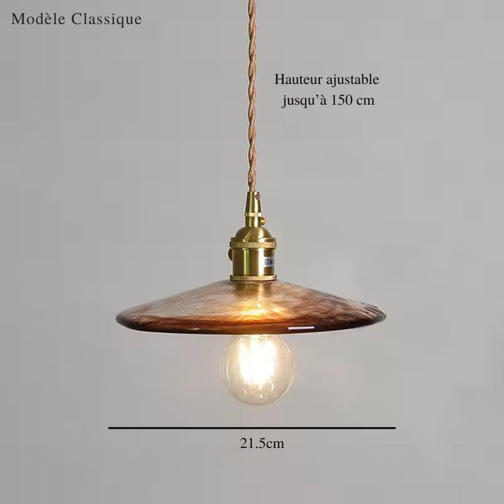Modèle classique de suspension vintage en verre ambré texturé avec finition laiton et câble torsadé