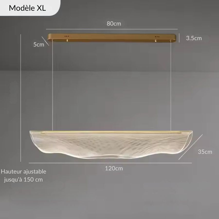 Dimensions du modèle XL 120 cm de la suspension en acrylique sculptural, avec câbles ajustables jusqu’à 150 cm