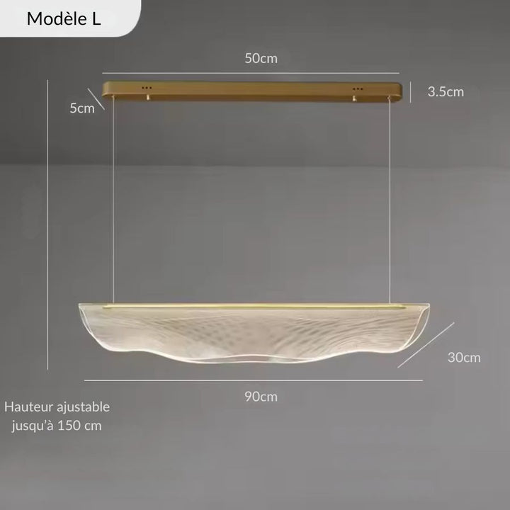Dimensions du modèle L 90 cm de la suspension en acrylique ondulé, avec hauteur réglable jusqu’à 150 cm