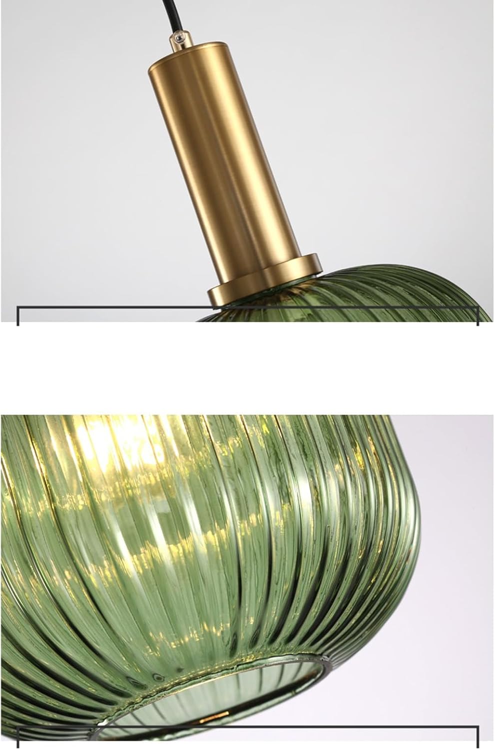 Gros plan d’une suspension en verre cannelé vert avec finition dorée, mettant en valeur les détails du verre texturé et du support métallique pour un luminaire au design élégant et contemporain