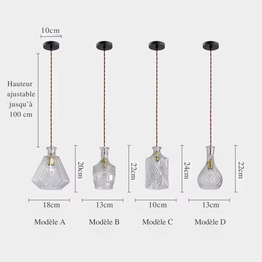 Quatre modèles de suspensions flacon en verre taillé avec dimensions et câble ajustable, au style vintage raffiné