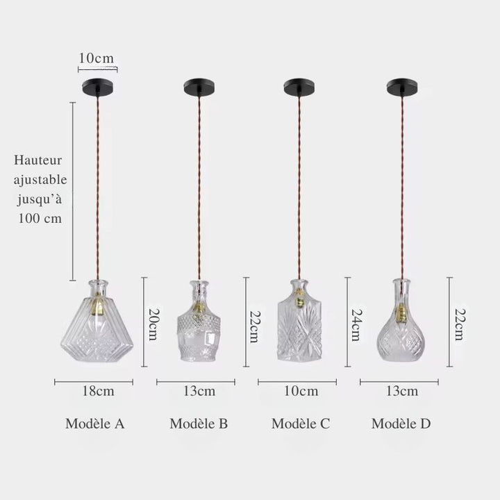 Quatre modèles de suspensions flacon en verre taillé avec dimensions et câble ajustable, au style vintage raffiné