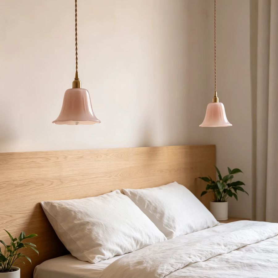 Deux suspensions fleur en verre soufflé rose encadrent le lit dans une chambre douce au style romantique et vintage