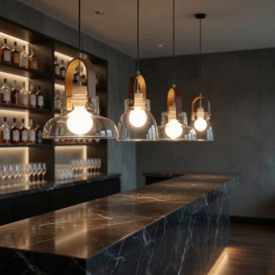 Au-dessus d’un comptoir en pierre, quatre suspensions en bois et verre soufflé créent une ambiance chic et contemporaine