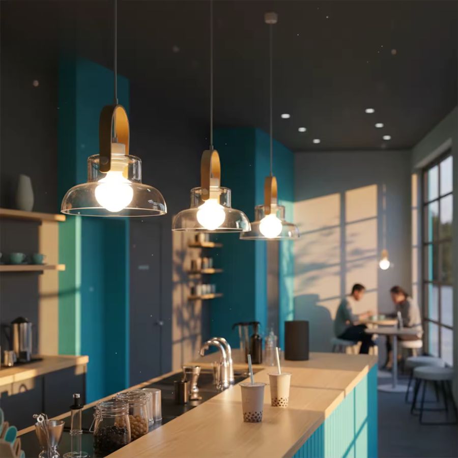 Au-dessus d’un îlot, plusieurs suspensions en bois et verre soufflé diffusent une lumière chaleureuse au style contemporain
